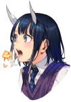  1girl aoki_ruri blue_eyes blue_hair blush breathing_fire dragon_girl dragon_horns fire from_side horns hungry_clicker jewelry necklace open_mouth portrait ruri_dragon shirt solo vest white_background white_shirt 