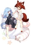  2girls ? ahoge animal_ear_fluff animal_ears animal_feet bangs barefoot black_shirt blue_hair brown_eyes brown_hair button_eyes clothes_writing commentary_request english_text hair_between_eyes holding holding_stuffed_toy long_hair long_sleeves multiple_girls off_shoulder original pointy_ears red_eyes saru shirt short_sleeves sleeves_past_fingers sleeves_past_wrists spoken_question_mark standing standing_on_one_leg star_(symbol) stuffed_animal stuffed_bird stuffed_cat stuffed_toy tail twintails twitter_username two_side_up v-shaped_eyebrows white_shirt 