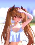  1girl :3 :d arm_up blurry blurry_background breasts brown_hair day hair_between_eyes highres llttyyyuu long_hair looking_at_viewer navel original outdoors red_eyes small_breasts smile solo twintails very_long_hair 