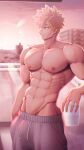 1boy abs artist_name bakugou_katsuki balcony bara biceps blonde_hair blurry blurry_background boku_no_hero_academia building city cup hand_in_pocket highres large_pectorals looking_to_the_side male_focus manly mature_male meishou_(cantabile1222) muscular muscular_male navel nipples outdoors pants pectorals red_eyes short_hair signature solo spiked_hair sun sunlight sunset sweat sweatdrop thick_arms topless_male track_pants water 