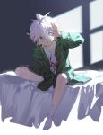  1boy :o ahoge artist_name bangs blanket child collarbone danganronpa_(series) danganronpa_2:_goodbye_despair gem green_jacket grey_hair hair_between_eyes hand_up jacket komaeda_nagito long_sleeves looking_at_viewer medium_hair meipoi no_shoes open_clothes open_jacket print_shirt shiny shiny_hair shirt socks solo younger 