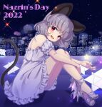  1girl :d animal_ears bad_feet building city_lights diffraction_spikes dress grey_hair highres iris_anemone mouse_ears mouse_tail nazrin night night_sky open_mouth red_eyes sky smile solo star_(sky) starry_sky tail touhou 