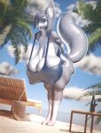  2022 3d_(artwork) absurd_res anthro beach big_breasts big_butt blender_(software) breast_squish breasts butt canid canine clothed clothing dark_body detailed_background digital_media_(artwork) erect_nipples eyewear female female/female fur glasses hair hand_behind_back hi_res hilwu huge_breasts huge_butt iii_oridas_iii looking_at_viewer mammal nipple_outline nipples outside overweight palm_tree partially_clothed plant sagging_breasts sand seaside sky smile solo squish swimwear thick_thighs tree water wide_hips 