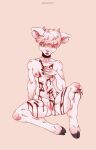  2022 anthro bangs barefoot biped blood bodily_fluids bovid breasts brown_hooves caprine digital_media_(artwork) feet female front_view full-length_portrait fur hair hand_on_chest hand_on_own_chest hi_res hooves horn mammal noronori open_mouth pink_hair pink_horn pink_inner_ear portrait red_eyes sheep simple_background sitting small_breasts solo spread_legs spreading stab_wound tan_background white_body white_fur wounded 