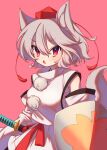  1girl animal_ears detached_sleeves e_sdss hat highres inubashiri_momiji katana open_mouth pink_background pom_pom_(clothes) red_eyes ribbon_trim sheath sheathed shield short_hair solo sword tail tassel tokin_hat touhou weapon wolf_ears wolf_tail 