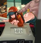  1boy 1girl anal anal_object_insertion baseball_cap bracelet breast_press breasts breasts_out brown_hair clothes_lift clothes_pull dark-skinned_male dark_skin drooling faceless faceless_male gas_pump gas_pump_nozzle gas_station gasoline hat head_out_of_frame hetero highres implied_sex jewelry leaning_forward leaning_on_object lexus_lfa lifted_by_another long_hair necklace object_insertion open_mouth out_of_frame panties pants pants_pull panty_pull product_placement saliva sawkm shirt_lift tongue tongue_out torogao underwear 