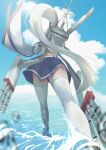  1girl absurdres afloat ass ayanami_(azur_lane) azur_lane backlighting bare_back belt blue_sky cloud cloudy_sky commentary_request detached_sleeves from_behind from_below grey_hair headgear high_heels highres horizon kneepits long_hair long_sleeves machinery midriff natsuki_(tyuiojl) ocean pleated_skirt ponytail retrofit_(azur_lane) ribbon-trimmed_sleeves ribbon_trim running school_uniform serafuku sidelocks skirt sky solo torpedo_tubes wide_sleeves zettai_ryouiki 