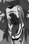  absurd_res anthro beard big_fangs bodily_fluids facial_hair front_view glistening glistening_nose glistening_tongue greyscale hair hi_res horn imperatorcaesar inner_ear_fluff male messy_hair monochrome mouth_shot open_mouth pupils saliva saliva_on_tongue saliva_string slit_pupils solo tongue tongue_out tuft whiskers 