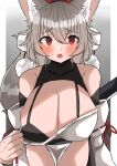  1girl absurdres animal_ear_fluff animal_ears bent_over black_bra blush bra breasts cleavage clothes_pull cowboy_shot detached_sleeves grey_background grey_hair hat highres huge_breasts inubashiri_momiji looking_at_viewer open_mouth pom_pom_(clothes) pulled_by_self red_eyes red_headwear regua ribbon-trimmed_sleeves ribbon_trim shirt_pull short_hair solo standing sword sword_behind_back tokin_hat touhou underwear weapon wolf_ears 