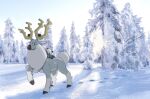  commentary_request day footprints no_humans oshawott outdoors pokemon pokemon_(creature) riding riding_pokemon sagemaru-br snow standing tree walking winter wyrdeer 