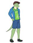  alternate_species anthro bottomwear clothed clothing footwear full-length_portrait fully_clothed furrification fuze hat headgear headwear hi_res hoodie male portrait scalie shane_(stardew_valley) shirt shoes shorts simple_background socks solo stardew_valley topwear white_background 