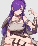  1girl alternate_costume armlet armor asymmetrical_clothes bangs belly_chain bracelet breasts choker cleavage closed_mouth dancer dancer_(three_houses) dress fire_emblem fire_emblem:_three_houses fire_emblem_warriors:_three_hopes greek_clothes hair_bun hair_over_one_eye highres jewelry large_breasts long_hair looking_at_viewer peach11_01 purple_eyes purple_hair sandals shez_(fire_emblem) shez_(fire_emblem)_(female) shoulder_armor single-shoulder_dress single_hair_bun solo thighs 