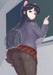  1girl absurdres animal_ears ass black_hair cat_ears chalk chalkboard diagonal_stripes fengmo from_behind highres komi-san_wa_komyushou_desu komi_shouko long_hair looking_at_viewer looking_back panties panties_under_pantyhose pantyhose skirt solo striped striped_skirt underwear 