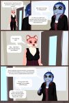  3d_(artwork) amphibian anthro canid canine clothed clothing comic computer dialogue digital_media_(artwork) duo english_text female female/female fox furniture hallway hi_res home inside lennox_(mynka) livingroom mammal mynka raelynn_(mynka) salamander_(amphibian) screen speech_bubble text trans_(lore) trans_woman_(lore) uniform work_clothes 