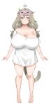  1girl :3 absurdres ahoge bare_shoulders barefoot blush breasts bright_pupils brown_hair cleavage closed_mouth collarbone commentary full_body highres huge_breasts long_hair looking_at_viewer messy_hair monkey_girl monkey_tail original red_eyes saru_(monkey_magic3) shirt short_sleeves simple_background sleep_mask smile solo straight-on tachi-e tail white_background white_pupils white_shirt 