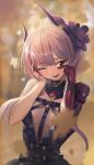  1girl absurdres bangs belt_collar black_dress blurry blurry_background blush breasts brown_choker choker collar dress flower girls&#039;_frontline hair_flower hair_ornament hand_on_own_cheek hand_on_own_face highres long_hair looking_at_viewer m4_sopmod_ii_(devourer_of_the_feast)_(girls&#039;_frontline) m4_sopmod_ii_(girls&#039;_frontline) mechanical_arms mechanical_ears medium_breasts multicolored_hair official_alternate_costume one_eye_closed open_mouth pink_hair red_eyes single_mechanical_arm smile solo south_cn streaked_hair tears upper_body 
