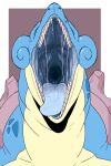  absurd_res ambiguous_gender blue_body bodily_fluids front_view glistening glistening_body glistening_tongue grey_body hi_res imperatorcaesar mouth_shot obscured_eyes open_mouth saliva saliva_on_tongue saliva_string sharp_teeth simple_background solo teeth tongue yellow_body 