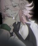  2boys bangs black_background black_shirt brown_eyes collarbone collared_shirt commentary_request danganronpa_(series) danganronpa_10th_anniversary_costume danganronpa_2:_goodbye_despair grey_hair grey_jacket hair_between_eyes highres hinata_hajime jacket jewelry komaeda_nagito long_sleeves medium_hair multiple_boys ring shirt solo_focus upper_body uwzicoyz4xfvg2m yaoi 