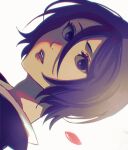  1girl artist_request black_hair bleach blue_eyes breasts hair_between_eyes highres japanese_clothes kuchiki_rukia looking_at_viewer open_mouth petals purple_eyes shinigami short_hair simple_background small_breasts solo white_background 