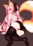  1girl animal_ear_fluff animal_ears ass bangs black_shorts black_thighhighs blush closed_mouth fate/extra fate_(series) fox_ears fox_girl fox_tail foxykuro from_behind hair_between_eyes hair_ornament highres hood long_sleeves looking_at_viewer looking_back pink_hair short_shorts shorts smile solo tail tamamo_(fate) tamamo_no_mae_(fate/extra) thighhighs thighs yellow_eyes 