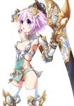  1girl absurdres covered_navel gloves hair_ornament highres holding holding_weapon looking_at_viewer neptune_(neptune_series) neptune_(series) pink_hair purple_eyes short_hair simple_background skindentation solo thighhighs underwear weapon white_background white_thighhighs yingjian 