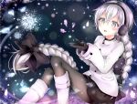  1girl :o absurdres back_bow bangs blush boots bow braid earmuffs gloves grey_eyes grey_hair hair_bow highres jacket long_hair open_mouth pantyhose pleated_skirt sekka_yufu sitting skirt snowflakes snowing solo sparkle utau very_long_hair xaruex 