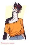  anthro biped bottomwear bra_strap clothing countershade_arms countershade_neck countershade_scales countershade_torso countershading darbaras fangs female hi_res horn lizard pupils reptile scales scalie shirt slit_pupils solo topwear 