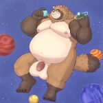  2022 anthro balls belly big_balls big_belly brown_body brown_fur canid canine fur genitals humanoid_genitalia humanoid_hands humanoid_penis kemono macro male mammal moobs navel nipples overweight overweight_male penis planet raccoon_dog solo space tanuki usikuma6 