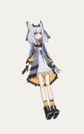  1girl absurdres arknights bangs bare_legs black_footwear boots commentary dress grey_background grey_hair grey_jacket highres jacket medium_hair open_clothes open_jacket orange_eyes orange_socks pointy_hair ptilopsis_(arknights) simple_background socks solo white_dress yoon_cook 