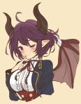  1girl ahoge amano_haruka_(sakogamitokuan) blush breasts commentary_request cropped_torso dragon_girl dragon_horns dragon_wings finger_to_mouth granblue_fantasy grea_(shingeki_no_bahamut) horns large_breasts one_eye_closed pointy_ears purple_hair red_eyes shingeki_no_bahamut short_hair simple_background smile solo wings 