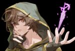  1boy black_background brown_hair fingerless_gloves gloves granblue_fantasy hood hood_down looking_at_viewer male_focus red_eyes sandalphon_(granblue_fantasy) sanditk_gbf simple_background solo 