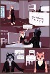  3d_(artwork) anthro canid canine canis clothed clothing comic desk dialogue digital_media_(artwork) domestic_dog duo english_text female fox furniture hi_res hotel husky lobby mammal mynka nordic_sled_dog spitz table text 
