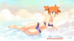  1girl bare_arms bare_legs bare_shoulders barefoot bikini blue_bikini blue_eyes breasts commentary day english_commentary full_body highres lighthouse looking_at_viewer medium_breasts misty_(pokemon) navel orange_hair outdoors parted_lips patreon_username pinup_(style) pokemon pokemon_(anime) pokemon_(classic_anime) rock rtil short_hair short_ponytail solo swimsuit water 