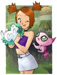  1girl alternate_color bare_shoulders blue_eyes celebi crop_top green_eyes looking_at_another nark navel one_eye_closed open_mouth orange_hair pokemon pokemon_(creature) pokemon_(game) pokemon_colosseum rui_(pokemon) shaymin shaymin_(land) shiny_pokemon skirt smile upper_body white_skirt 