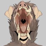  absurd_res anthro bodily_fluids brown_body brown_fur brown_hair cheek_tuft facial_tuft floppy_ears front_view fur glistening glistening_tongue grey_background hair headshot_portrait hi_res imperatorcaesar male mammal mouth_shot neck_tuft open_mouth pink_nose portrait red_tongue saliva saliva_on_tongue saliva_string simple_background solo suid suina sus_(pig) tan_body tan_ears tongue tuft tusks wild_boar 