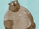  2022 anthro belly big_belly black_nose blue_background bodily_fluids brown_body clothing hi_res humanoid_hands kemono male mammal overweight overweight_male pommn_mn shirt simple_background solo sweat topwear ursid 