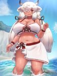  1girl :d arm_at_side beach belly bikini black_horns breasts brown_eyes cleavage collarbone curvy day dripping extra_ears feet_out_of_frame grey_horns hair_over_one_eye hair_ribbon hand_up highres horns huge_breasts kemono_friends legs_apart long_bangs long_hair looking_at_viewer mo23 multicolored_horns navel ocean open_mouth outdoors ox_ears ox_girl ox_horns ribbon sand sarong sidelocks smile solo standing stomach swimsuit tail tan twintails underboob very_long_hair wading water wet white_hair yak_(kemono_friends) 