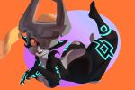  big_breasts big_butt black_body blonde_hair breasts butt eathanontitan featureless_feet female grey_body hair hi_res humanoid humanoid_pointy_ears imp looking_at_viewer lying markings midna nintendo on_front one_eye_obstructed open_mouth open_smile orange_background purple_background red_eyes short_stack simple_background smile solo the_legend_of_zelda thick_thighs twili twilight_princess video_games wide_hips yellow_sclera 