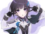  1girl ascot bangs black_capelet black_gloves black_hair black_shirt blue_flower blue_rose blunt_bangs brooch capelet chain chess_piece coat double_v expressionless feather_hair_ornament feathers flower gloves gold_chain hair_ornament idol idolmaster idolmaster_cinderella_girls jewelry knight_(chess) light_blush long_sleeves looking_at_viewer medallion official_alternate_costume open_mouth purple_background purple_eyes rose sado_(38kun) shirayuki_chiyo shirt short_hair sidelocks simple_background solo sparkle upper_body v white_coat white_uniform 