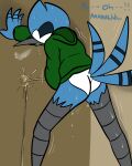  absurd_res anthro avian bird blue_jay bodily_fluids bottomless butt cartoon_network clothed clothing corvid desperation dialogue drooling hi_res hoodie illegaleel implied_penis jay_(bird) leaning_on_wall male mordecai_(regular_show) new_world_jay omorashi oscine passerine pee_desperation peeing regular_show relieved saliva shaking solo sweat topwear 