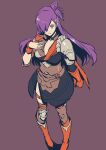  1girl aduti_momoyama armor asymmetrical_clothes bangs breasts cape choker cleavage closed_mouth fire_emblem fire_emblem:_three_houses fire_emblem_warriors:_three_hopes gloves hair_bun hair_over_one_eye highres large_breasts long_hair looking_at_viewer purple_eyes purple_hair shez_(fire_emblem) shez_(fire_emblem)_(female) simple_background single_hair_bun solo 