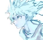  1boy blue_eyes blue_hair blue_skin blue_theme colored_skin electricity grey_background hair_between_eyes hanjo hunter_x_hunter killua_zoldyck light_blue_eyes light_blue_hair male_focus parted_lips simple_background sketch solo spiked_hair upper_body wide-eyed 