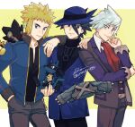  3boys bangs belt_buckle black_eyes black_shirt blonde_hair blue_eyes blue_headwear blue_jacket bright_pupils buckle closed_mouth hand_up hat jacket long_sleeves lucario luxray male_focus metagross multiple_boys necktie open_clothes open_jacket pants pokemon pokemon_(game) pokemon_dppt red_necktie riley_(pokemon) sagemaru-br shirt signature smile spiked_hair steven_stone volkner_(pokemon) white_pupils white_shirt 