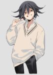  1boy bangs black_eyes black_hair black_pants candy collared_shirt cropped_legs danganronpa_(series) danganronpa_v3:_killing_harmony flipped_hair food grey_background grey_sweater grin hair_between_eyes hand_in_pocket hand_up highres holding holding_candy holding_food holding_lollipop lollipop long_sleeves male_focus namgic ouma_kokichi pants shirt simple_background smile solo sweater teeth white_shirt 