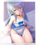  1girl aqua_eyes arms_at_sides border bow breasts casual_one-piece_swimsuit character_request choker collarbone copyright_request covered_navel doyouwantto food food_in_mouth frilled_swimsuit frills from_above grey_border grey_hair legs_together long_hair looking_at_viewer medium_breasts mouth_hold one-piece_swimsuit popsicle signature soaking_feet solo swimsuit thighs wet wet_hair wrist_cuffs 