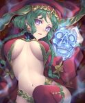  1girl absurdres blue_eyes braid breasts breasts_apart earrings fate/grand_order fate_(series) green_hair highres jewelry kuraha1601 long_hair looking_at_viewer low_twin_braids medium_breasts mole mole_on_breast navel open_mouth red_thighhighs revealing_clothes salome_(fate) skull smile solo thighhighs twin_braids veil 