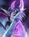  1boy benur black_hair blue_eyeshadow claws colored_skin crescent eyeshadow glowing grey_skin highres horns league_of_legends long_hair looking_at_viewer makeup male_focus open_mouth pointy_ears ponytail purple_eyes purple_horns solo spirit_blossom_(league_of_legends) spirit_blossom_thresh teeth thresh_(league_of_legends) torn torn_clothes upper_body upper_teeth 