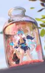  1girl absurdres air_bubble barefoot blue_eyes blue_hair blurry bottle bubble depth_of_field glass head_fins highres in_bottle in_container kingyo_hime_(onmyoji) long_hair looking_at_viewer minigirl onmyoji open_mouth reikai_kingyo_hime solo submerged trapped underwater water 