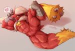  &lt;3 abs anthro big_muscles blaziken blue_eyes claws crotch_tuft feathers featureless_crotch finger_claws hi_res inviting male muscular muscular_legs muscular_male nintendo nude pok&eacute;mon pok&eacute;mon_(species) red_body red_feathers scuted_arms shaded signature solo speech_bubble spread_legs spreading toe_claws tuft video_games waddledox yellow_body yellow_feathers yellow_sclera 