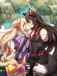  absurdres alternate_costume amputee animal_ears arm_around_waist black_hair blonde_hair cat_ears cat_tail closed_eyes cup drinking_glass frogbians height_difference highres kiss long_hair magilou_(tales) md5_mismatch midriff sunlight tail tales_of_(series) tales_of_berseria tree velvet_crowe wolf_ears wolf_tail yuri 